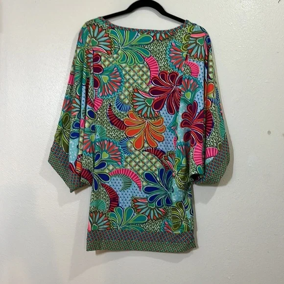 Trina Turk unique sleeved olive green/cranberry/ orange multi-colored top. Sm. - Picture 7 of 11